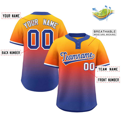 Custom Gold Orange Royal-White Gradient Fashion Authentic Two-Button Baseball Jersey