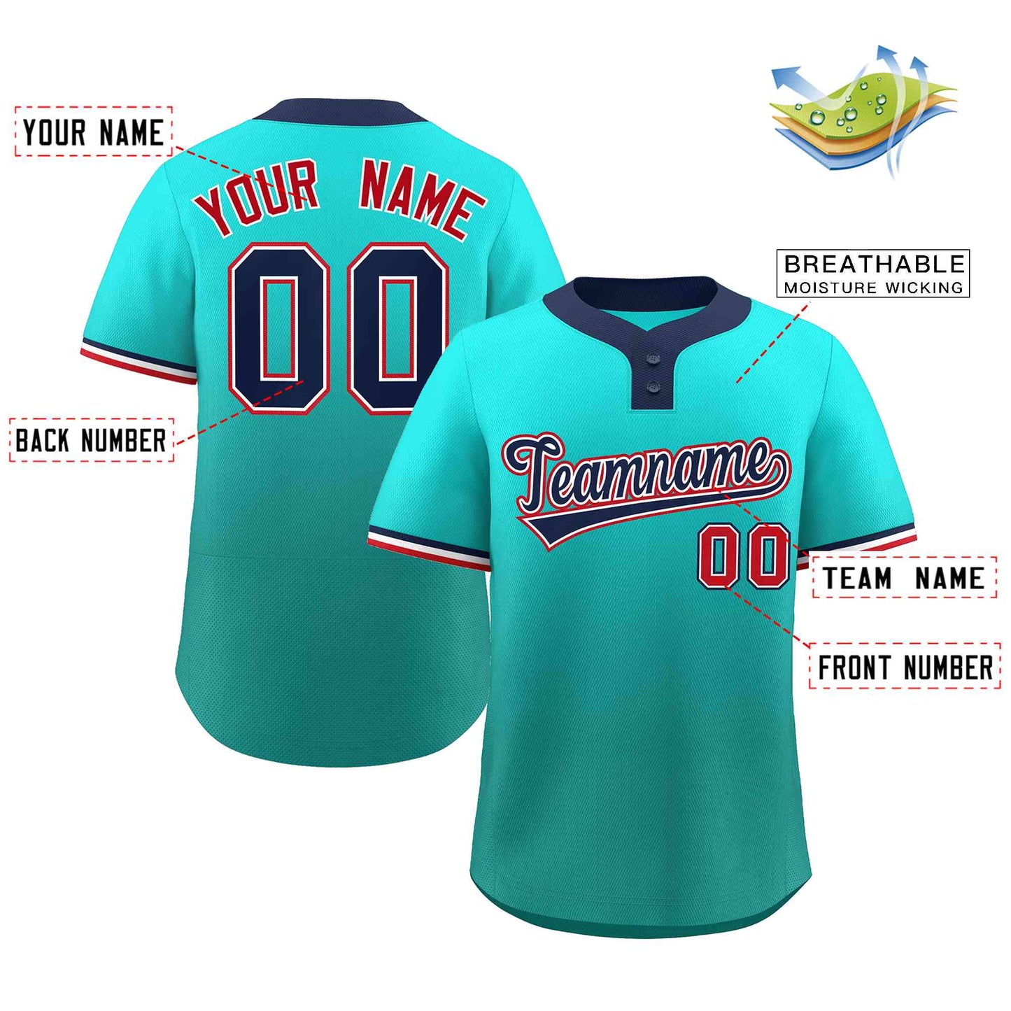 Custom Light Green Aqua Navy-White Gradient Fashion Authentic Two-Button Baseball Jersey