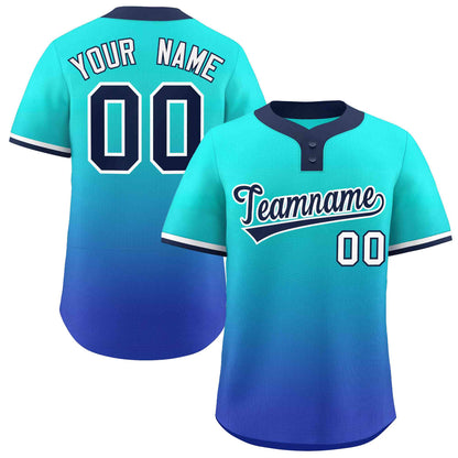 Custom Aqua Royal Navy-White Gradient Fashion Authentic Two-Button Baseball Jersey