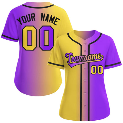 Custom Gold Purple-Black Gradient Fashion Baseball Jersey For Women