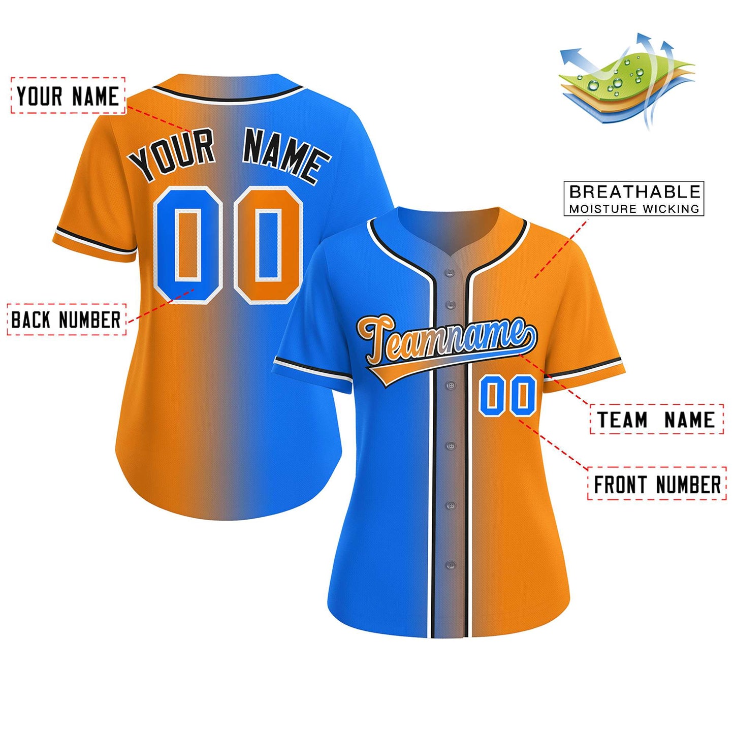 Custom Light Blue Orange-White Gradient Fashion Baseball Jersey For Women