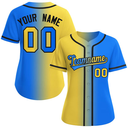 Custom Gold Light Blue-Black Gradient Fashion Baseball Jersey For Women