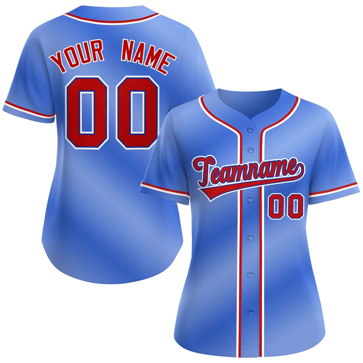 Custom Light Blue Red-Royal Gradient Fashion Baseball Jersey For Women