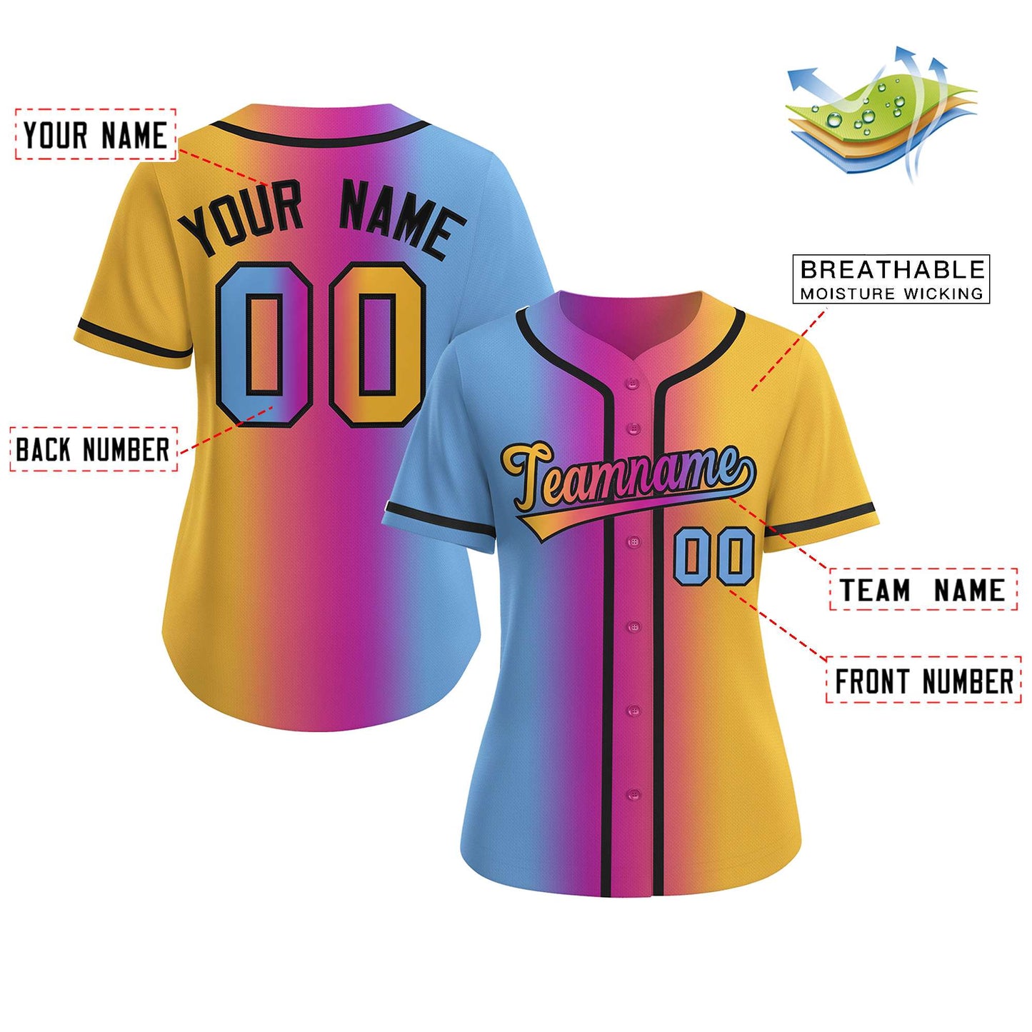 Custom Light Blue Gold-Black Gradient Fashion Baseball Jersey For Women