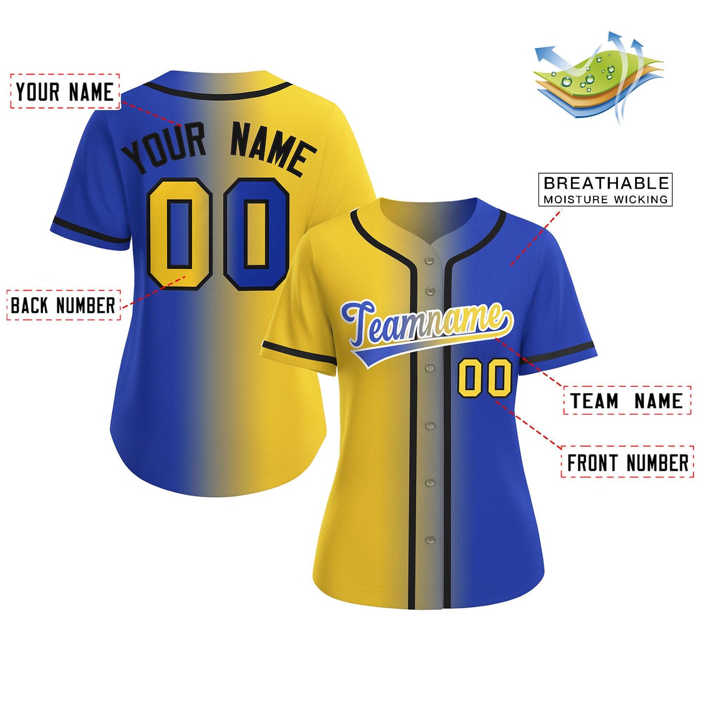 Custom Gold Royal-White Gradient Fashion Baseball Jersey For Women