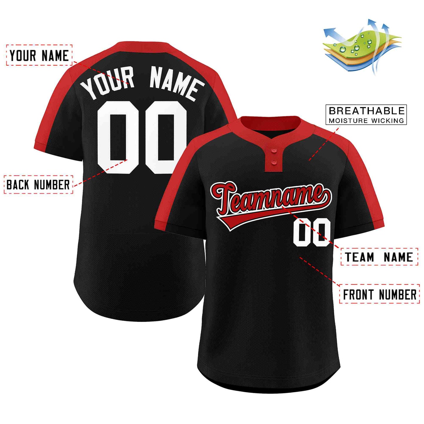 Custom Black Red-Black Classic Style Authentic Two-Button Baseball Jersey