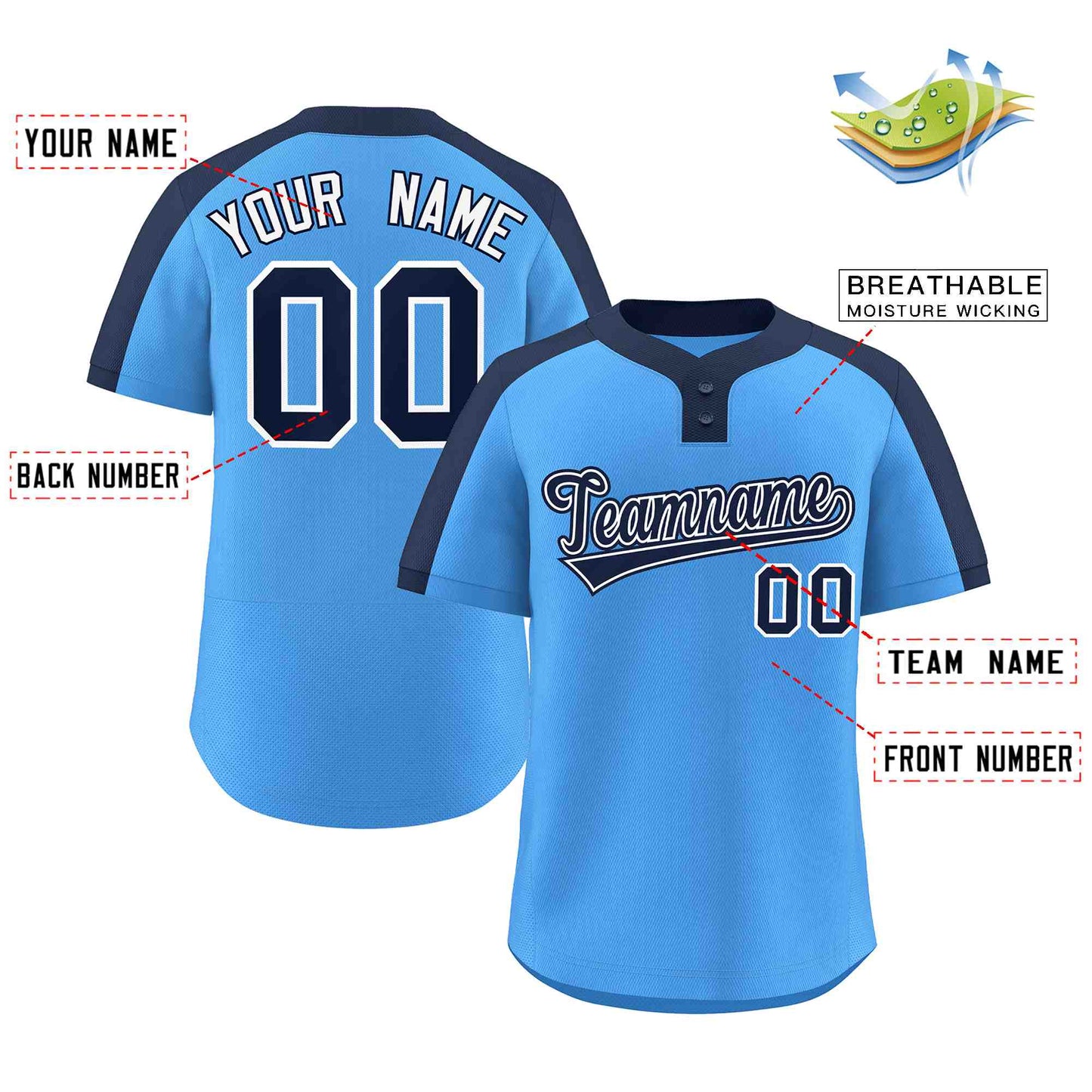 Custom Powder Blue Navy-White Classic Style Authentic Two-Button Baseball Jersey