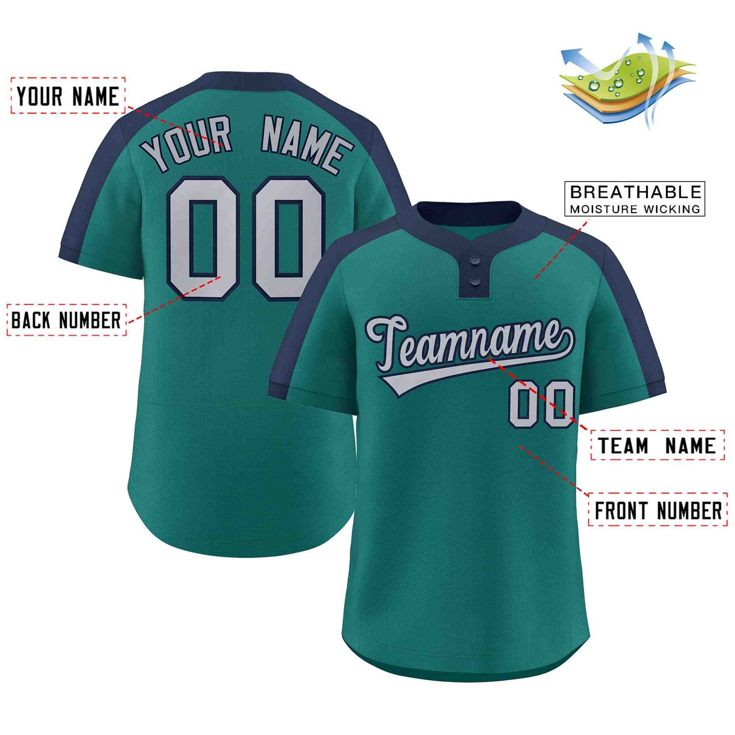 Custom Aqua Gray-Navy Classic Style Authentic Two-Button Baseball Jersey