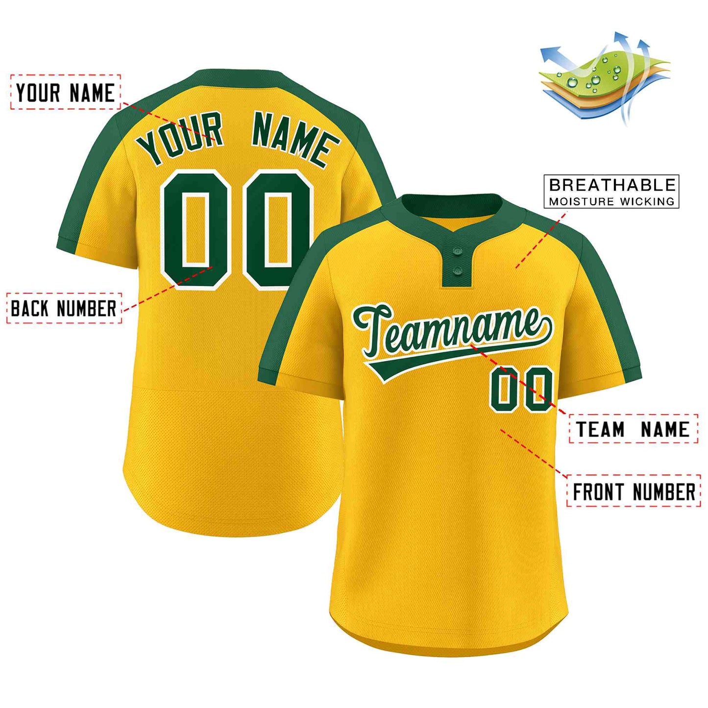 Custom Gold Green-White Classic Style Authentic Two-Button Baseball Jersey