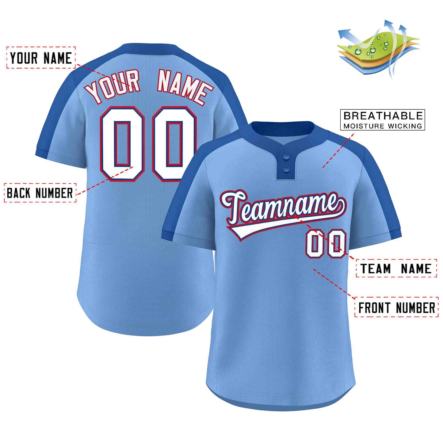 Custom Light Blue White-Royal Classic Style Authentic Two-Button Baseball Jersey