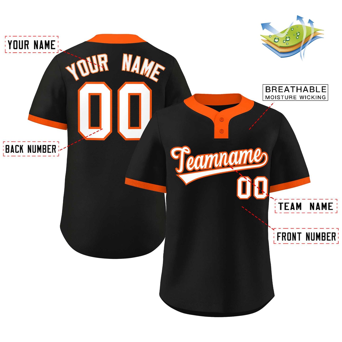 Custom Black White-Orange Classic Style Authentic Two-Button Baseball Jersey