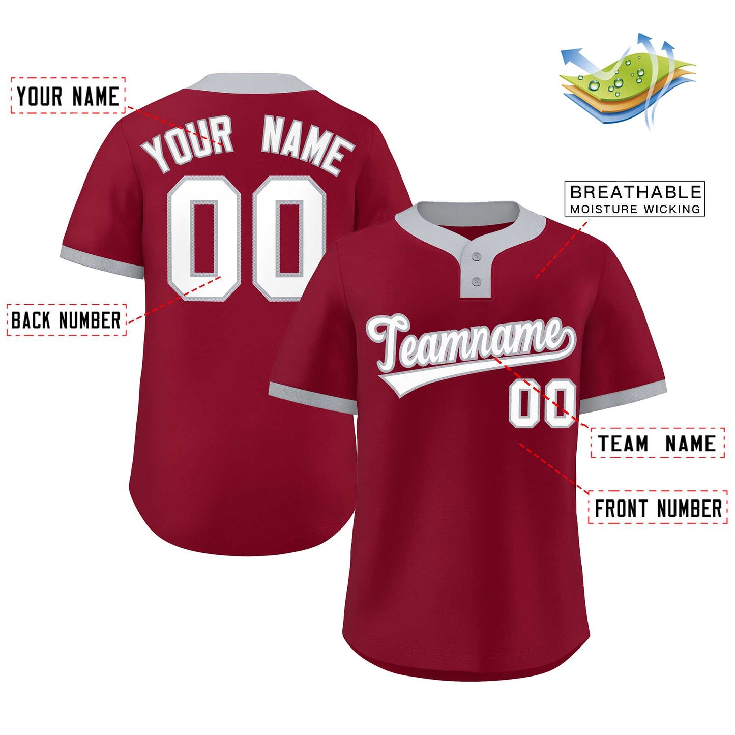 Custom Crimson White-Gray Classic Style Authentic Two-Button Baseball Jersey