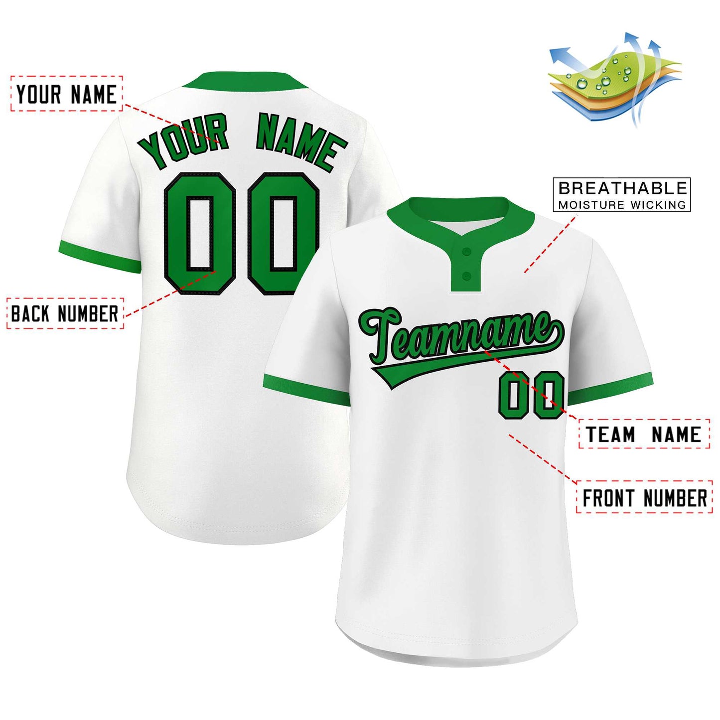 Custom White Kelly Green-Black Classic Style Authentic Two-Button Baseball Jersey