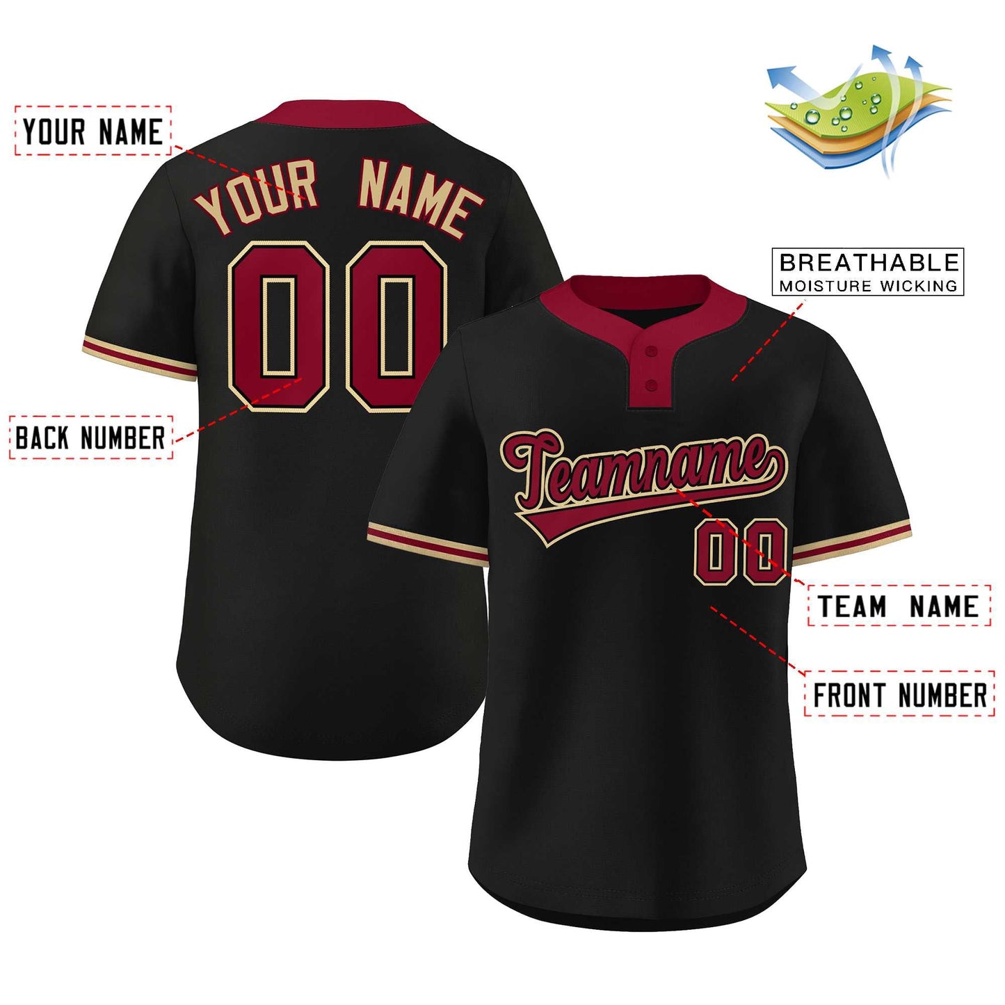 Custom Black Crimson-Old Gold Classic Style Authentic Two-Button Baseball Jersey