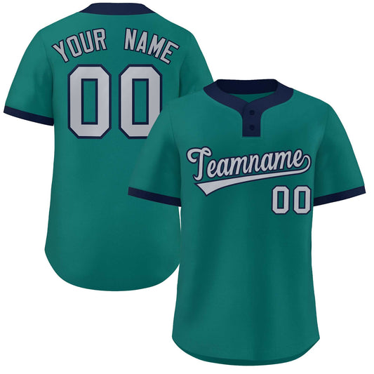 Custom Aqua Gray-Navy Classic Style Authentic Two-Button Baseball Jersey