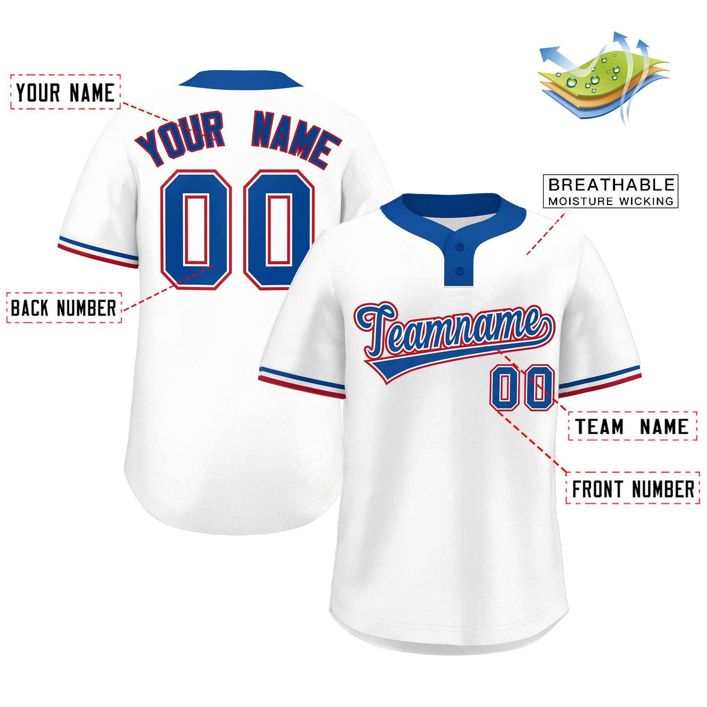 Custom White Royal-Red Classic Style Authentic Two-Button Baseball Jersey