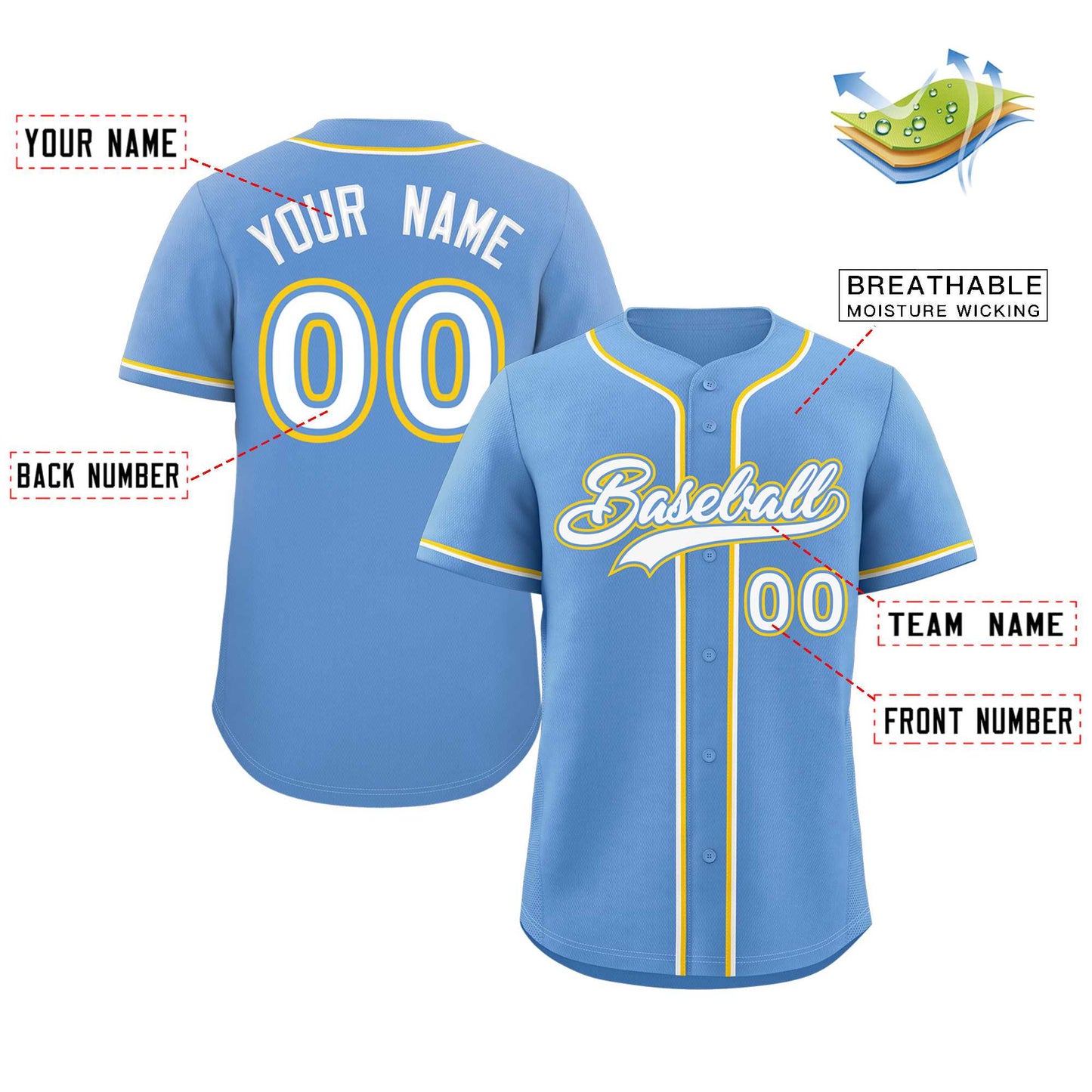 Custom Light Blue White-Yellow Classic Style Authentic Baseball Jersey