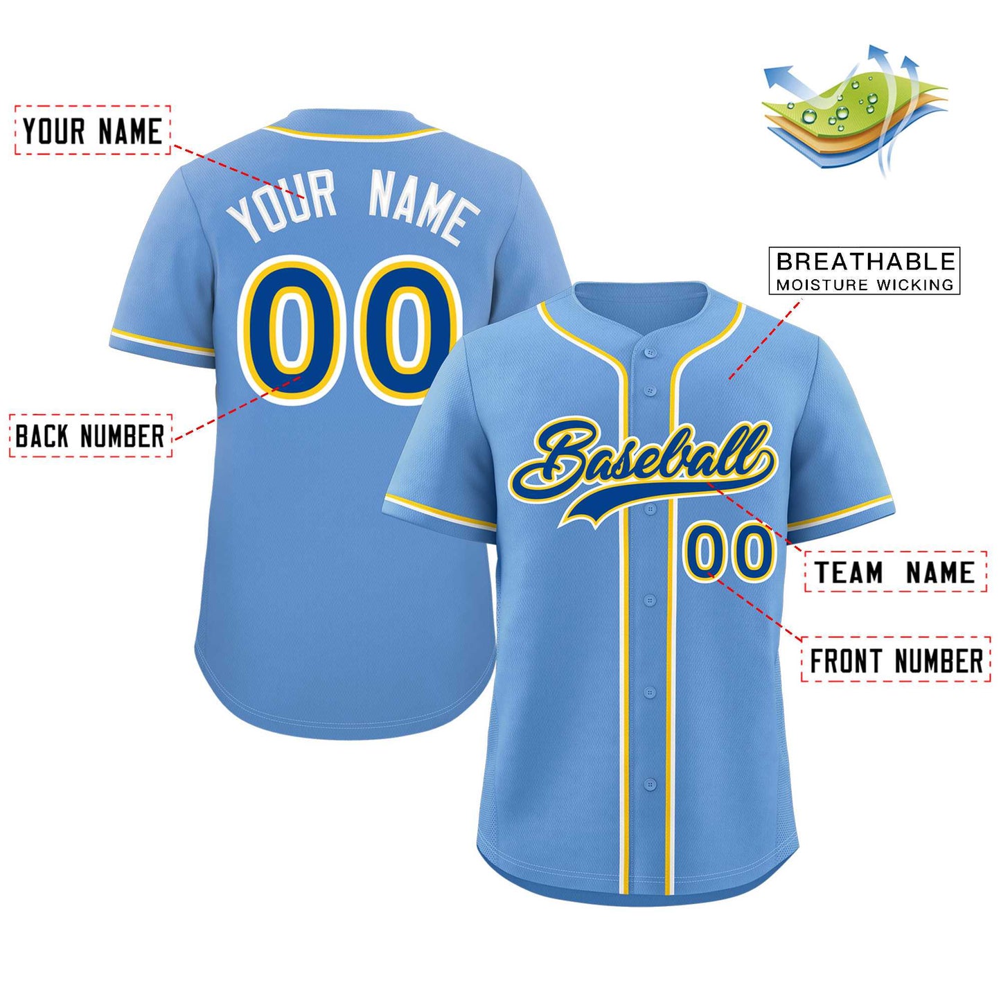 Custom Light Blue Royal-Yellow Classic Style Authentic Baseball Jersey