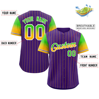 Custom Purple Neon Green Gold-White Stripe Font Gradient Fashion Authentic Baseball Jersey