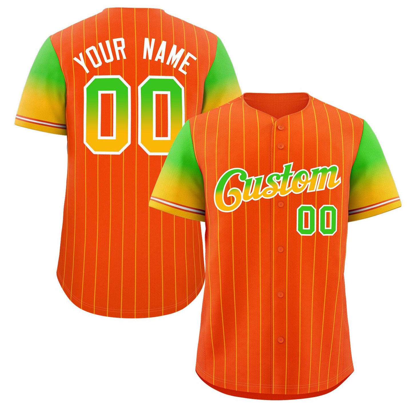 Custom Orange Neon Green Gold-White Stripe Font Gradient Fashion Authentic Baseball Jersey