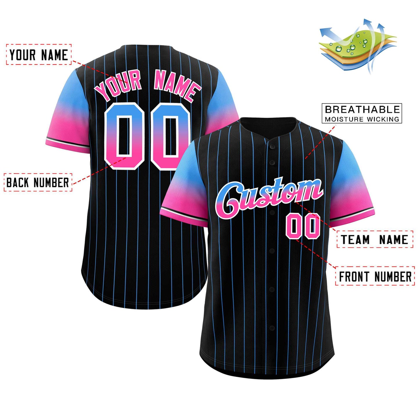 Custom Black Powder Blue Pink-White Stripe Font Gradient Fashion Authentic Baseball Jersey