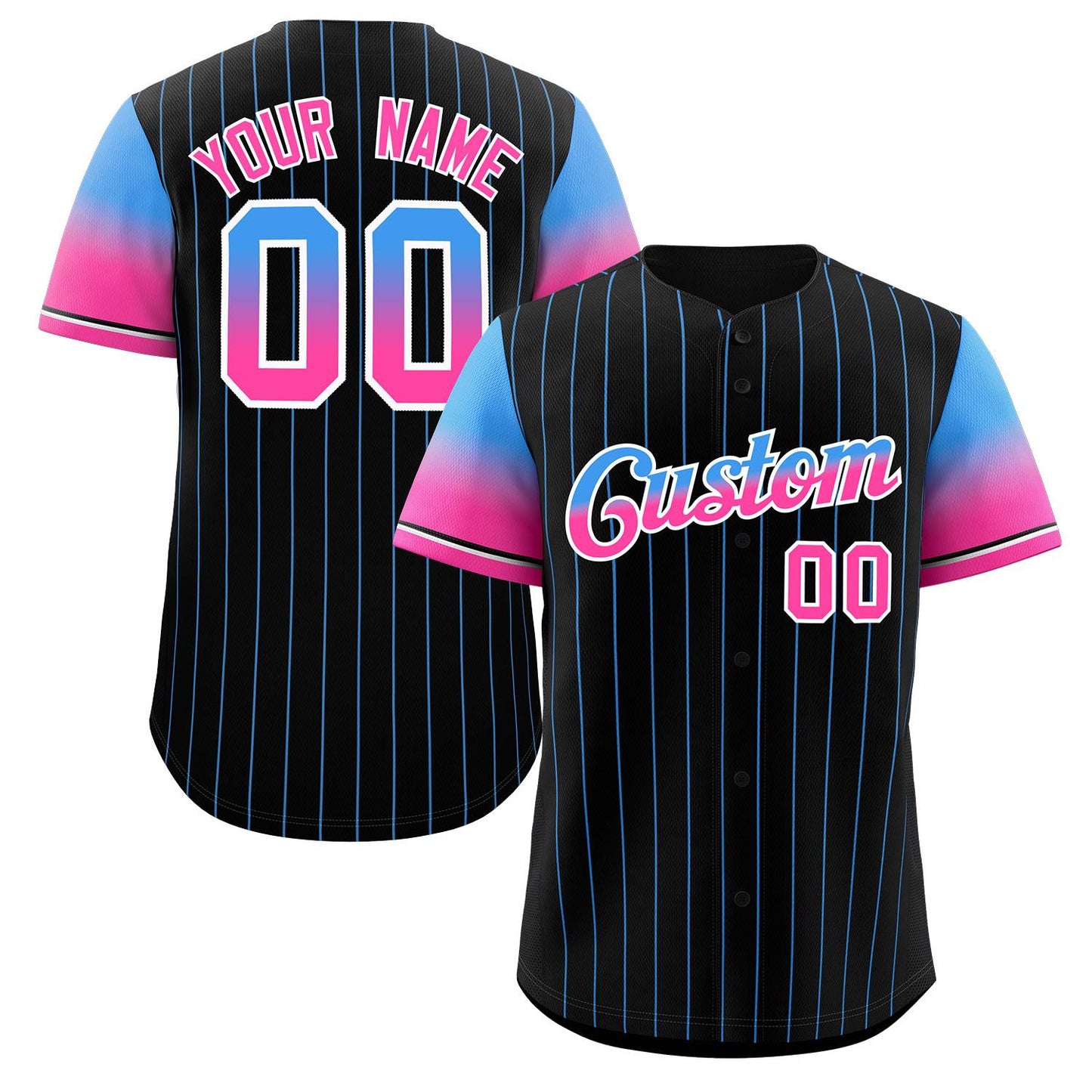 Custom Black Powder Blue Pink-White Stripe Font Gradient Fashion Authentic Baseball Jersey