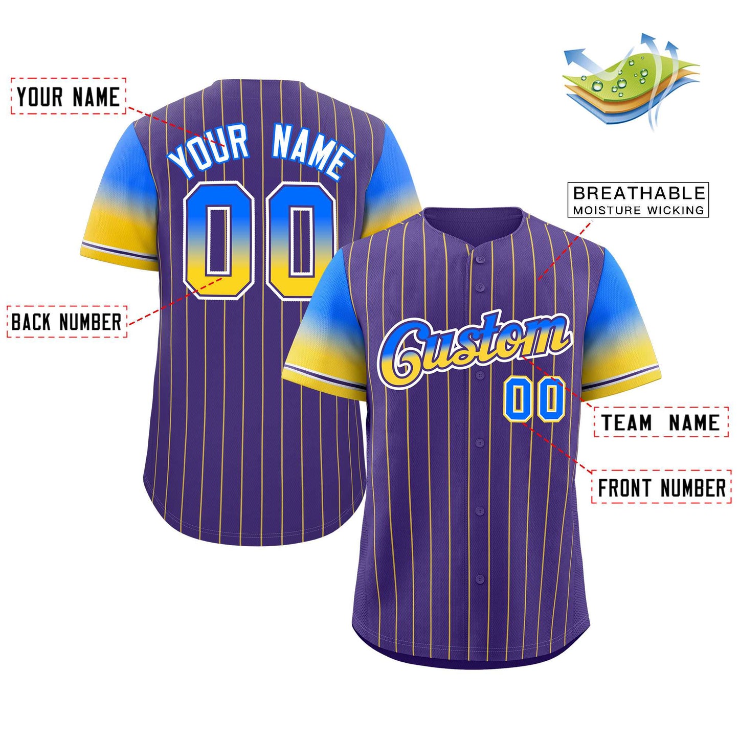 Custom Purple Blue Yellow-Purple Stripe Font Gradient Fashion Authentic Baseball Jersey