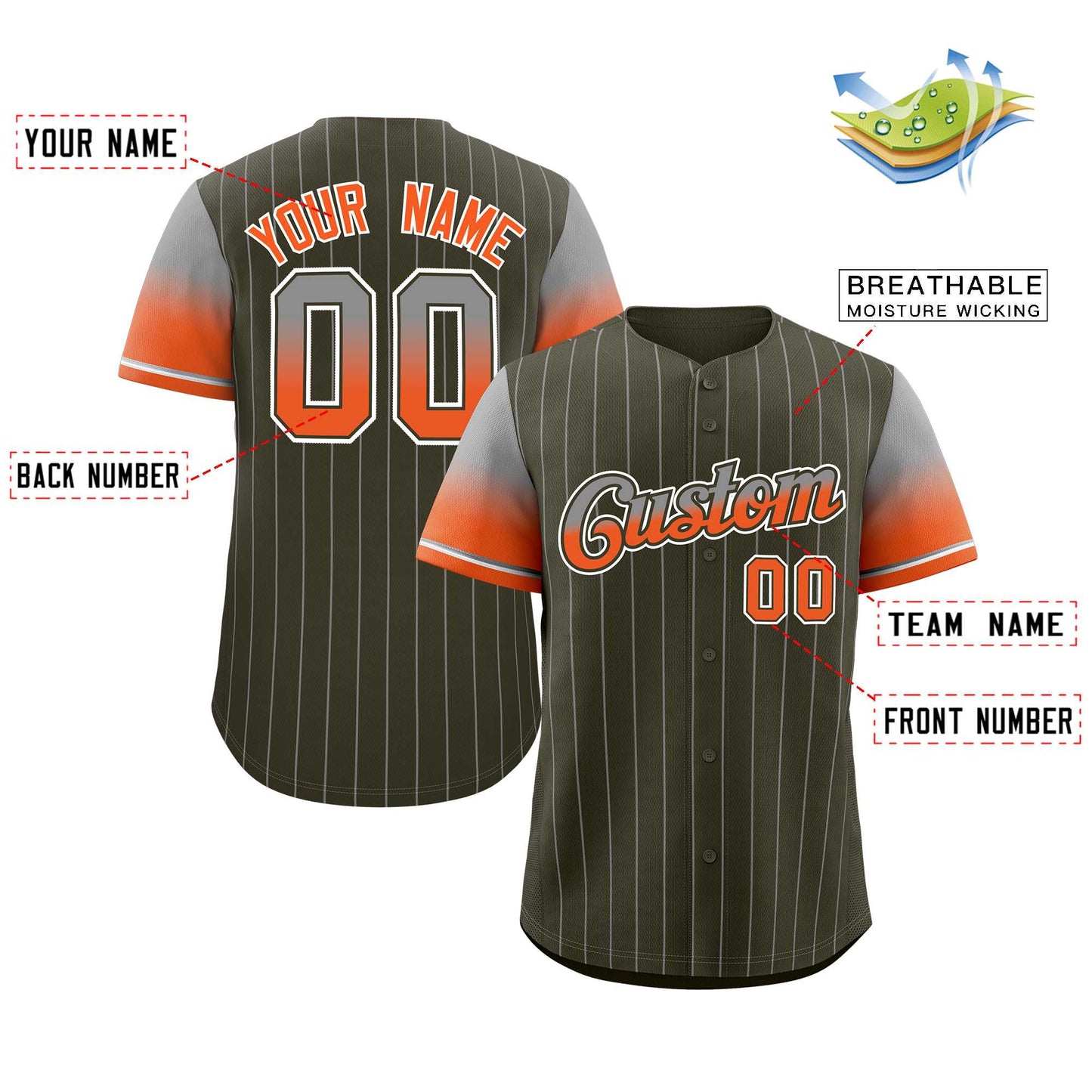 Custom Olive Gray Orange-Olive Stripe Font Gradient Fashion Authentic Baseball Jersey