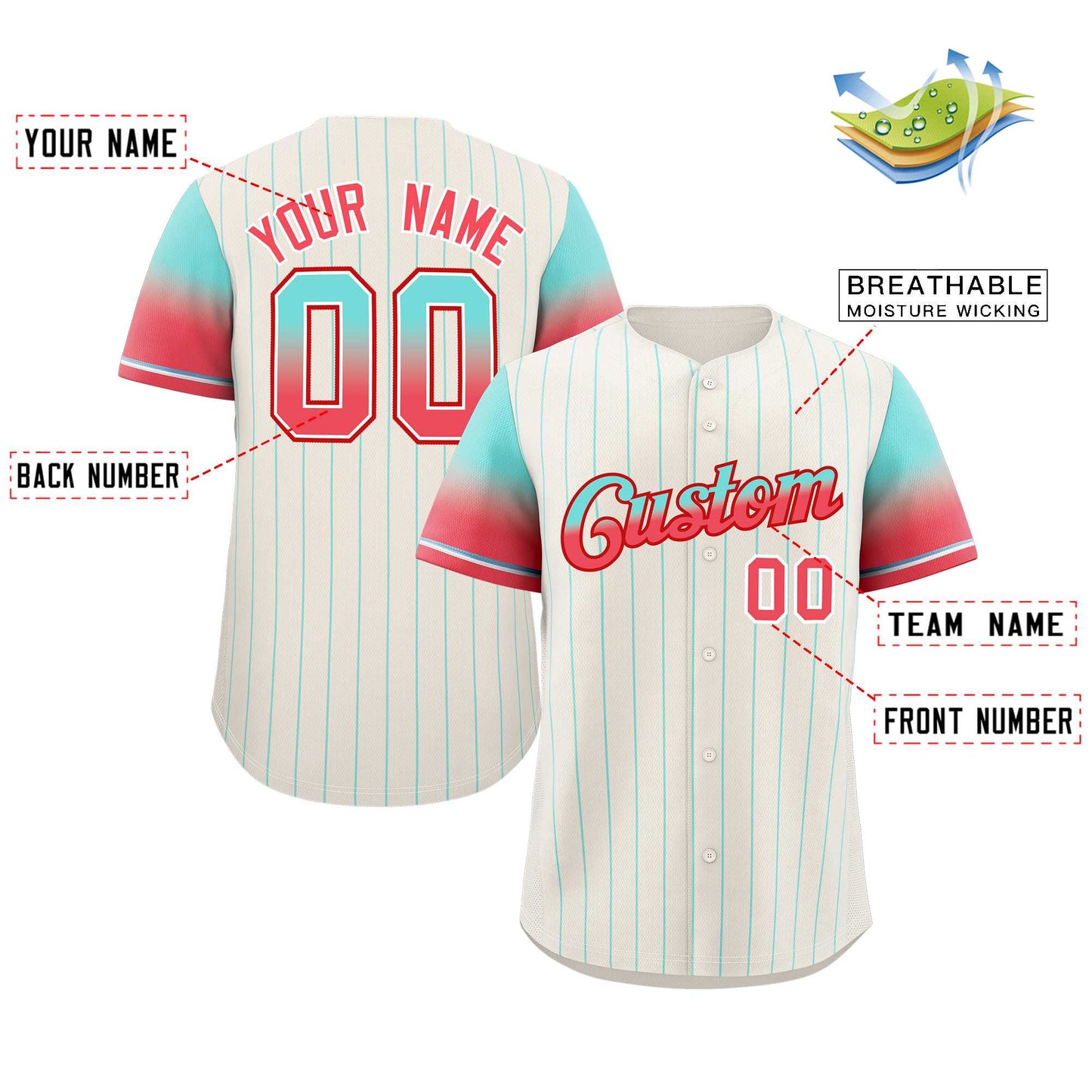 Custom Cream Aqua-Red Stripe Font Gradient Fashion Authentic Baseball Jersey