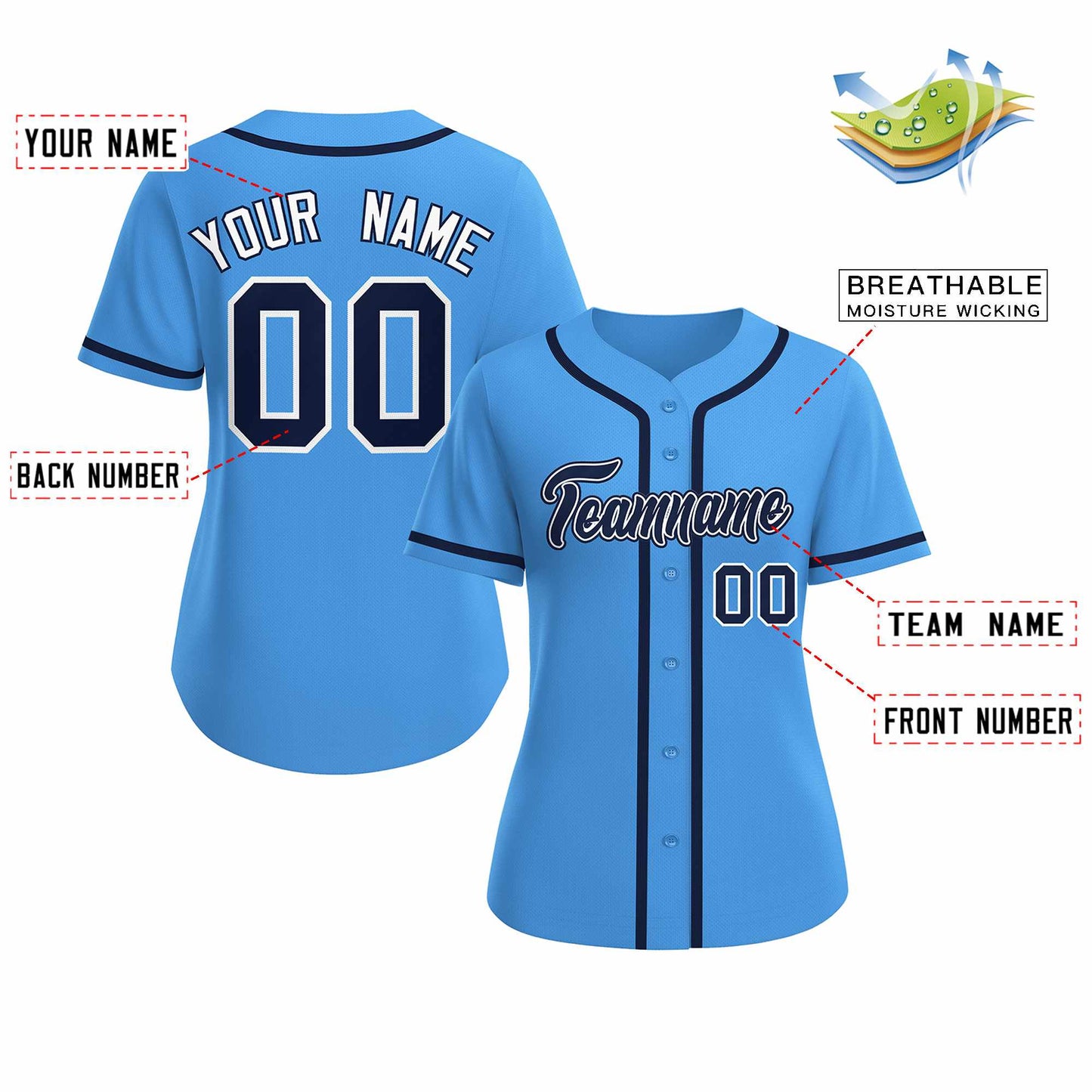 Custom Powder Blue Navy White Classic Style Baseball Jersey for Women