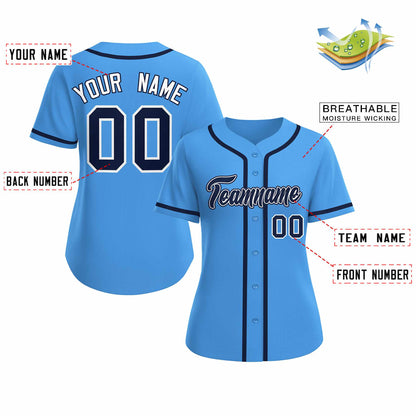 Custom Powder Blue Navy White Classic Style Baseball Jersey for Women