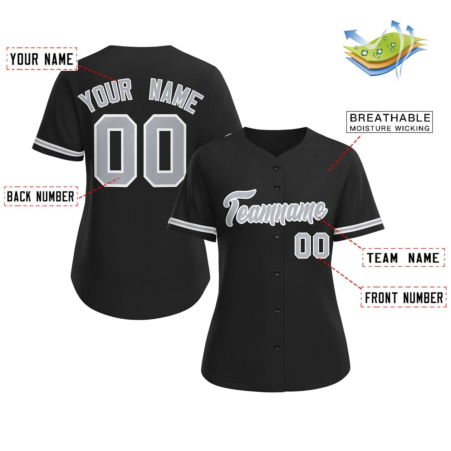 Custom Black Gray-White Classic Style Baseball Jersey For Women