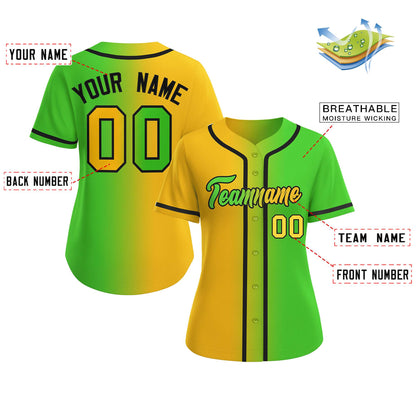 Custom Gold Green-Black Gradient Fashion Baseball Jersey For Women