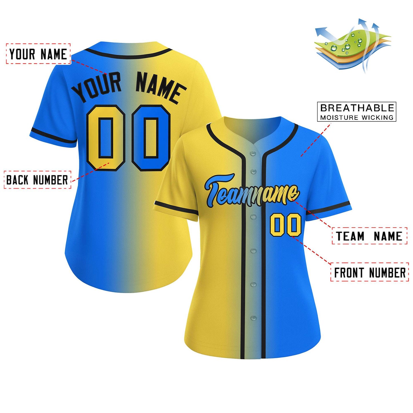 Custom Gold Light Blue-Black Gradient Fashion Baseball Jersey For Women