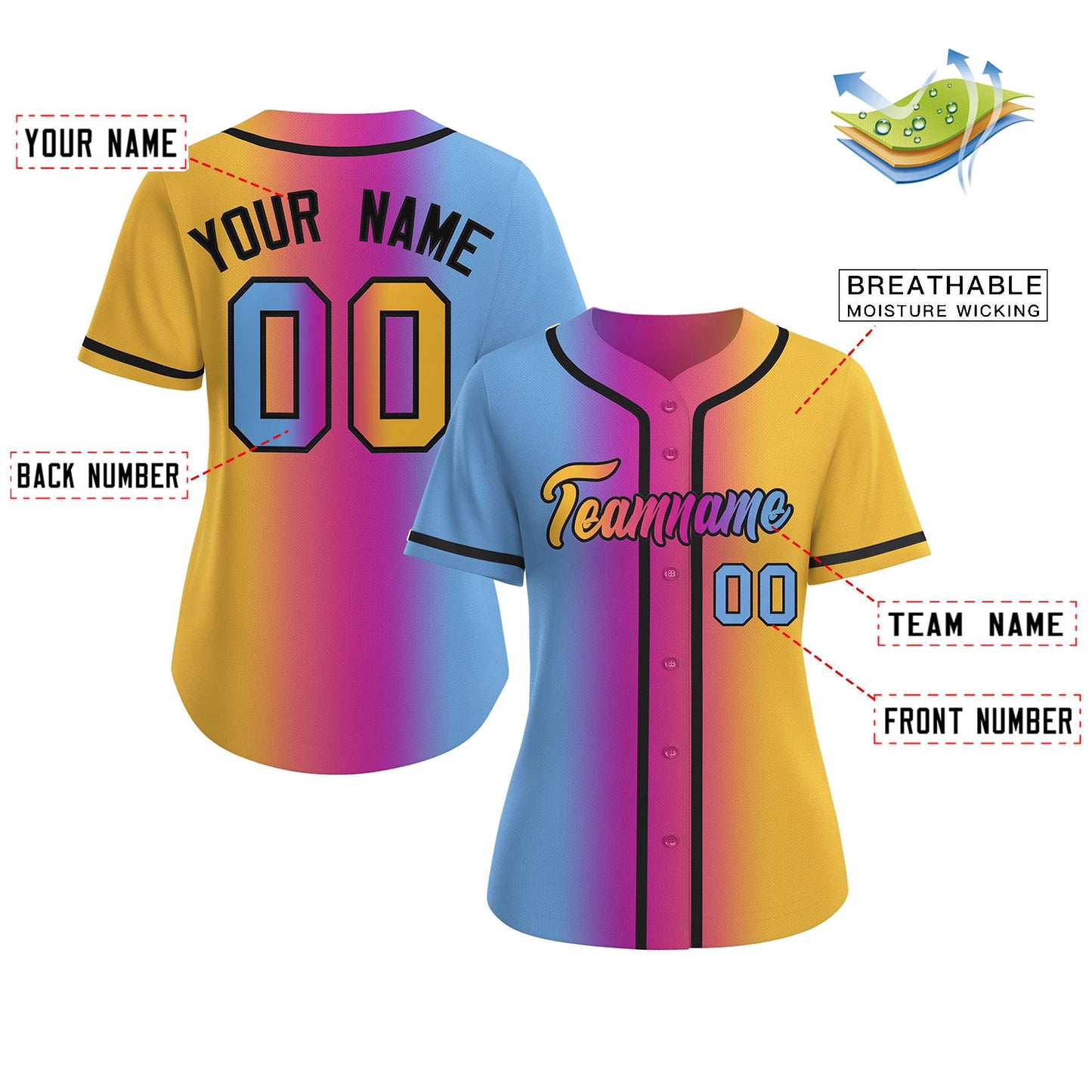 Custom Light Blue Purple-Black Gradient Fashion Baseball Jersey For Women