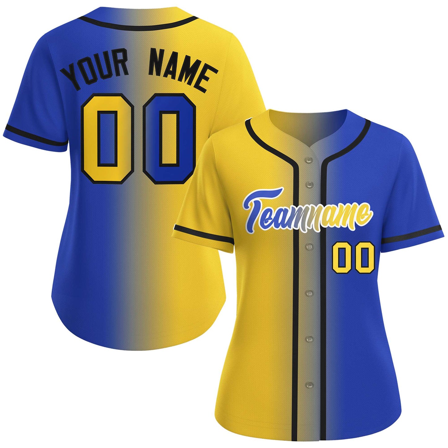 Custom Gold Royal-White Gradient Fashion Baseball Jersey For Women