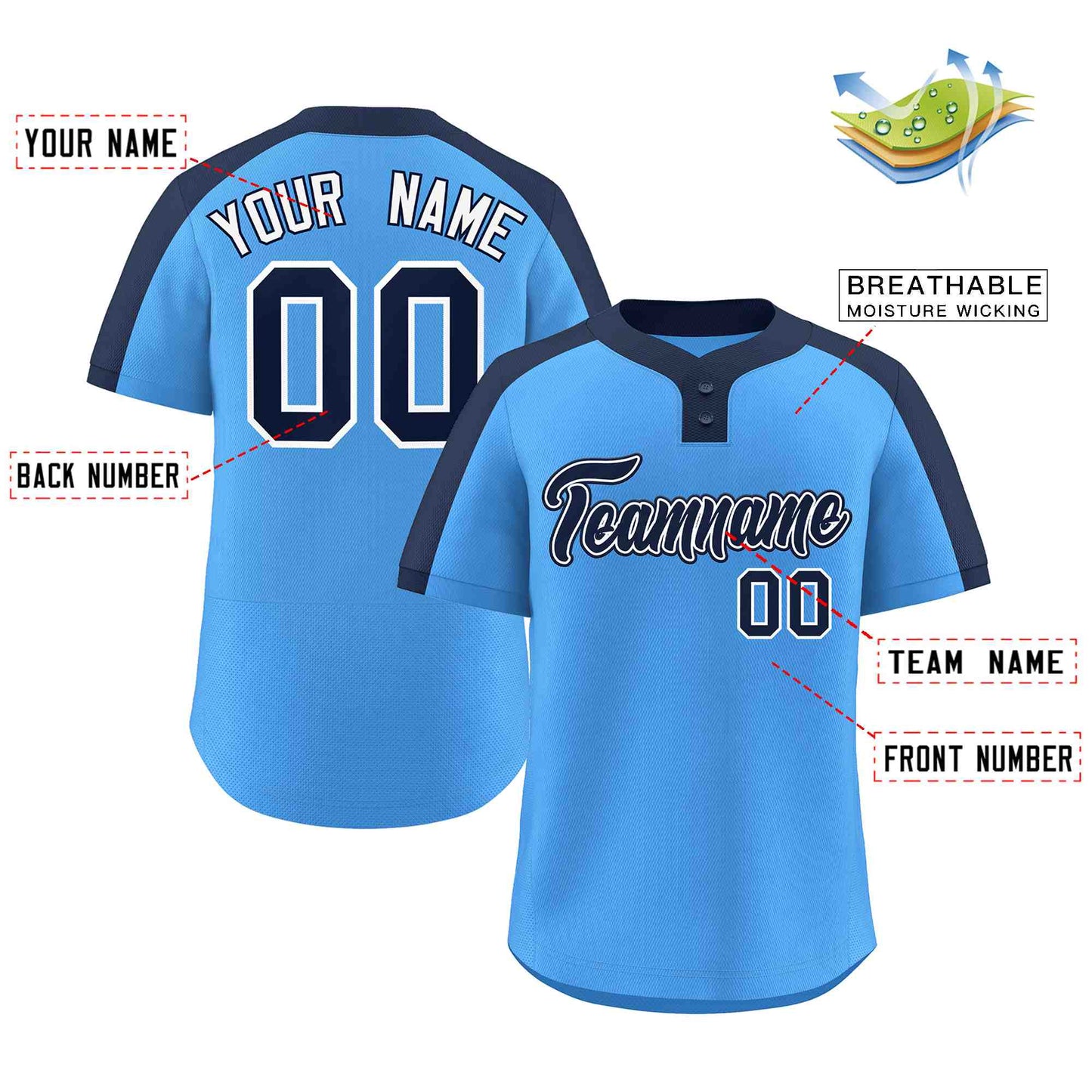 Custom Powder Blue Navy-White Classic Style Authentic Two-Button Baseball Jersey