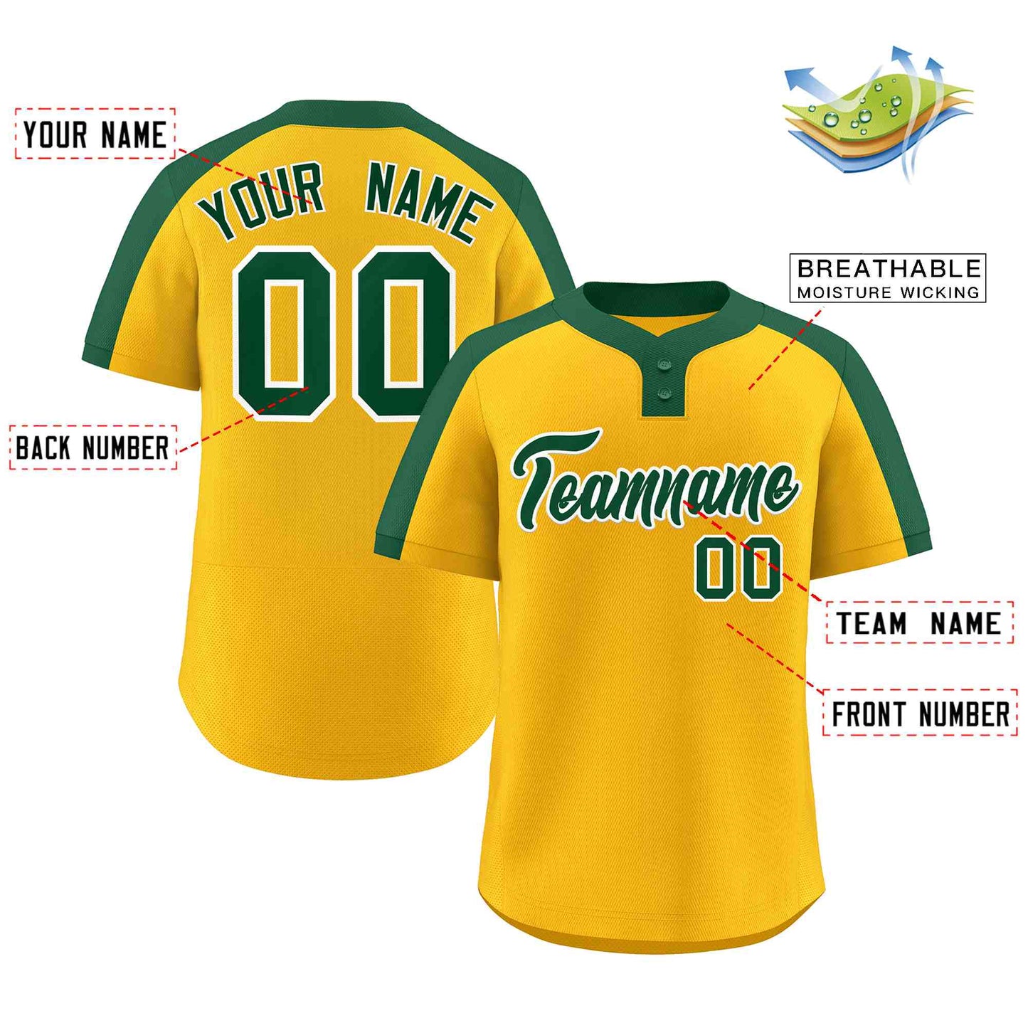 Custom Gold Green-White Classic Style Authentic Two-Button Baseball Jersey