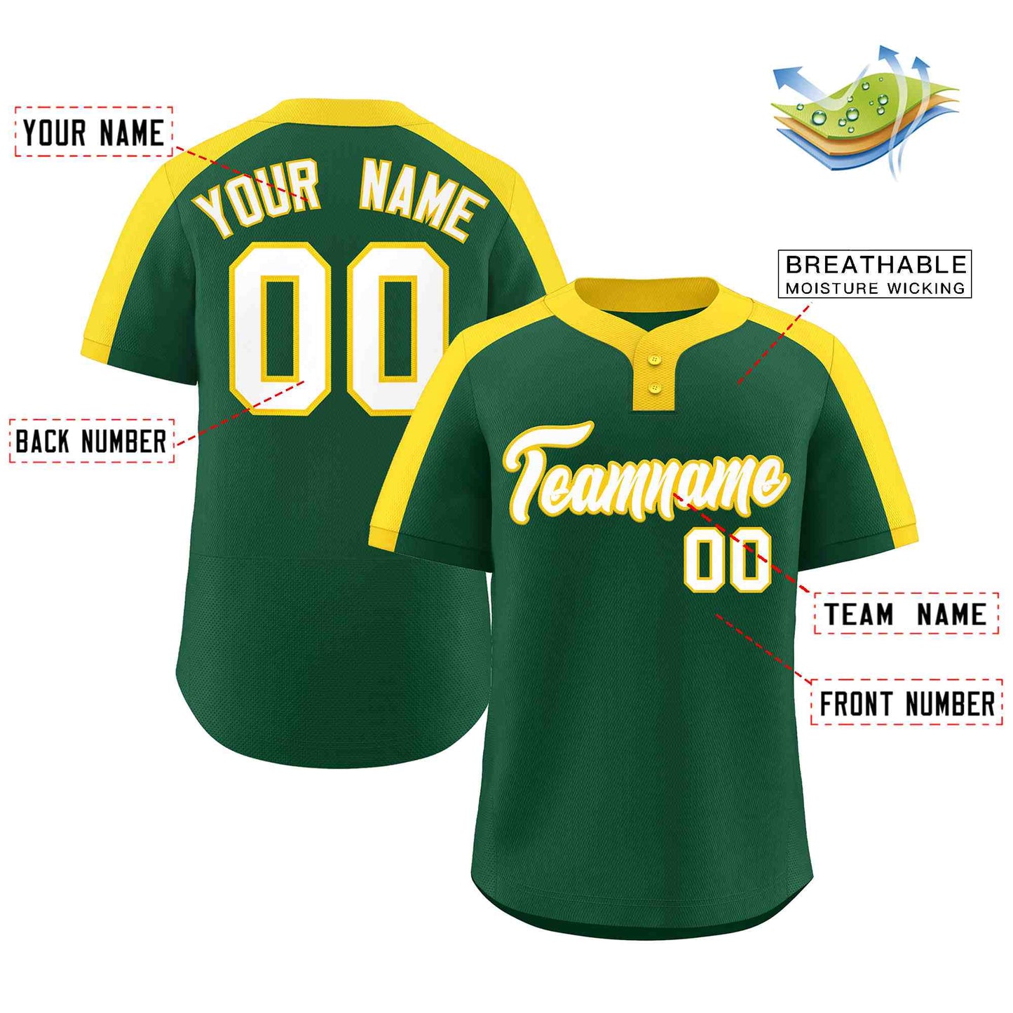 Custom Green White-Gold Classic Style Authentic Two-Button Baseball Jersey