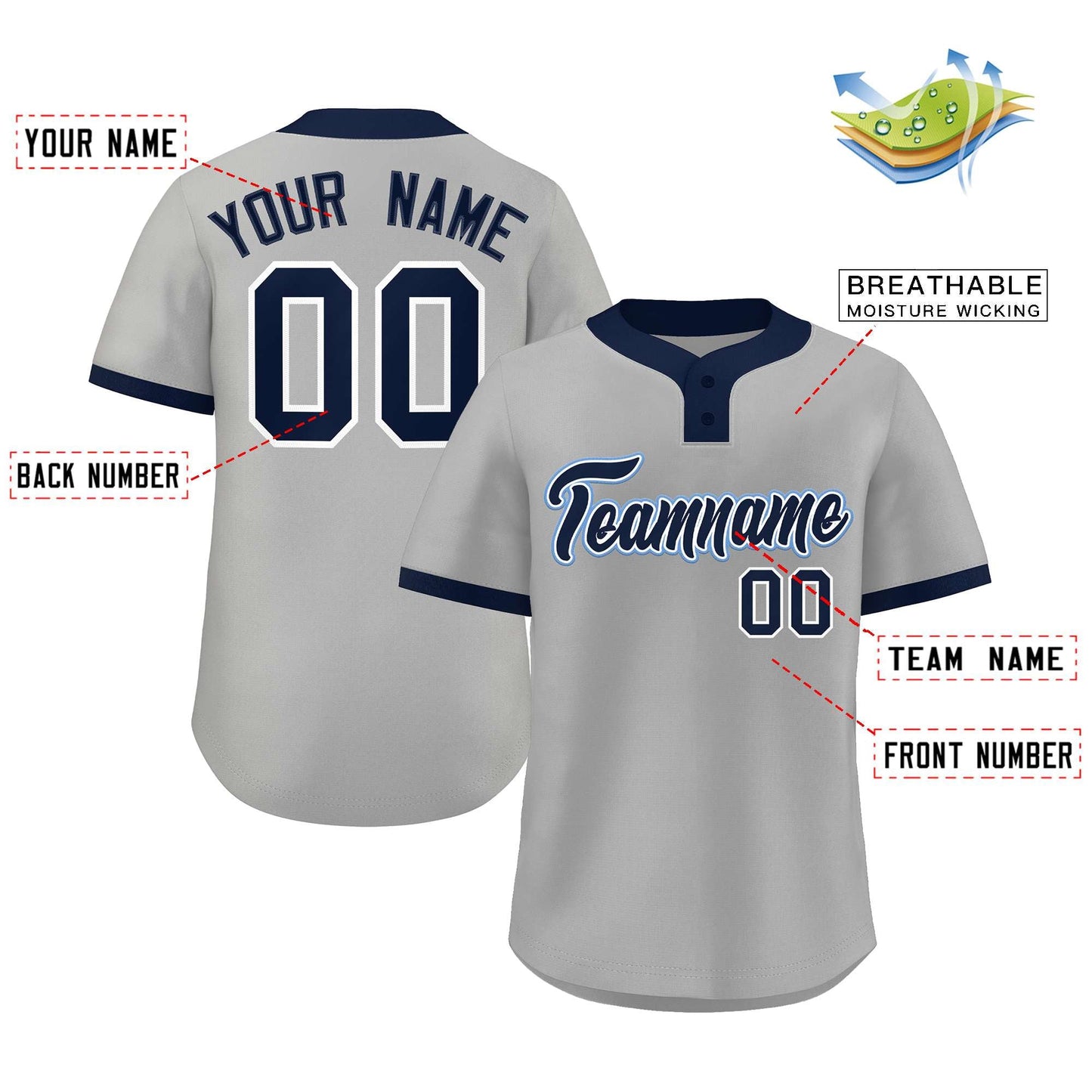 Custom Gray Navy-Light Blue Classic Style Authentic Two-Button Baseball Jersey