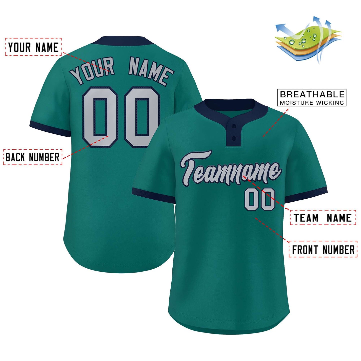 Custom Aqua Gray-Navy Classic Style Authentic Two-Button Baseball Jersey