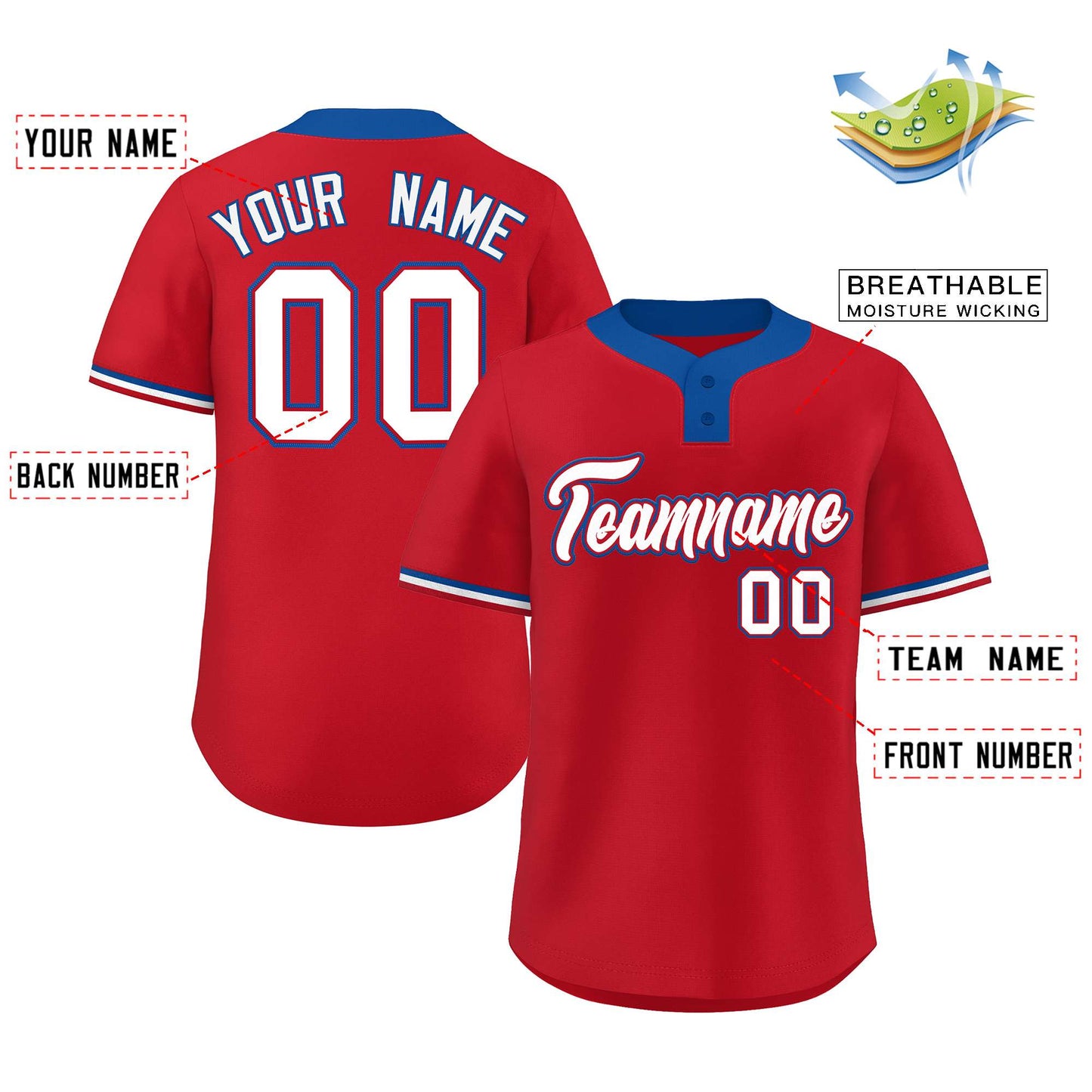 Custom Red White-Royal Classic Style Authentic Two-Button Baseball Jersey