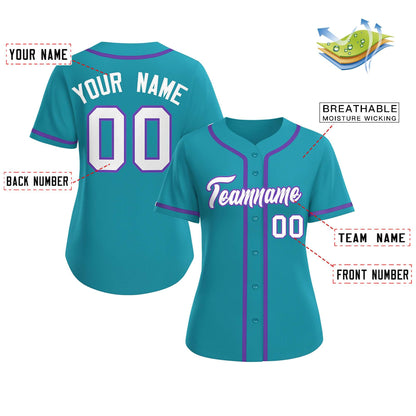 Custom Aqua White-Purple Classic Style Baseball Jersey For Women