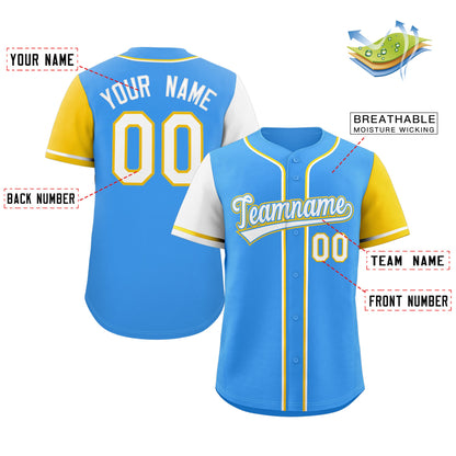 Custom Powder Blue White-Gold Raglan Sleeves Authentic Baseball Jersey