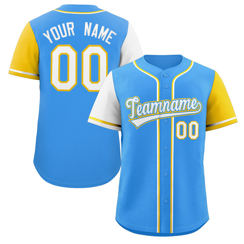 Custom Powder Blue White-Gold Raglan Sleeves Authentic Baseball Jersey