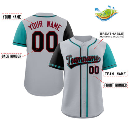 Custom Gray Black-Aqua Raglan Sleeves Authentic Baseball Jersey