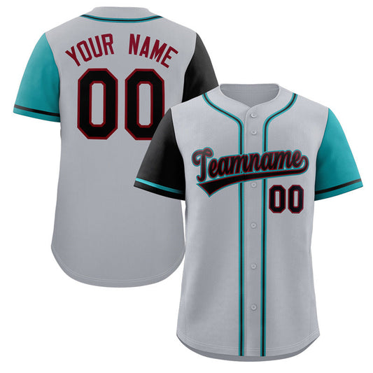 Custom Gray Black-Aqua Raglan Sleeves Authentic Baseball Jersey