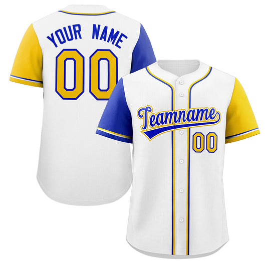 Custom White Royal-Gold Raglan Sleeves Authentic Baseball Jersey