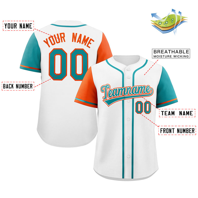 Custom White Aqua-Orange Raglan Sleeves Authentic Baseball Jersey