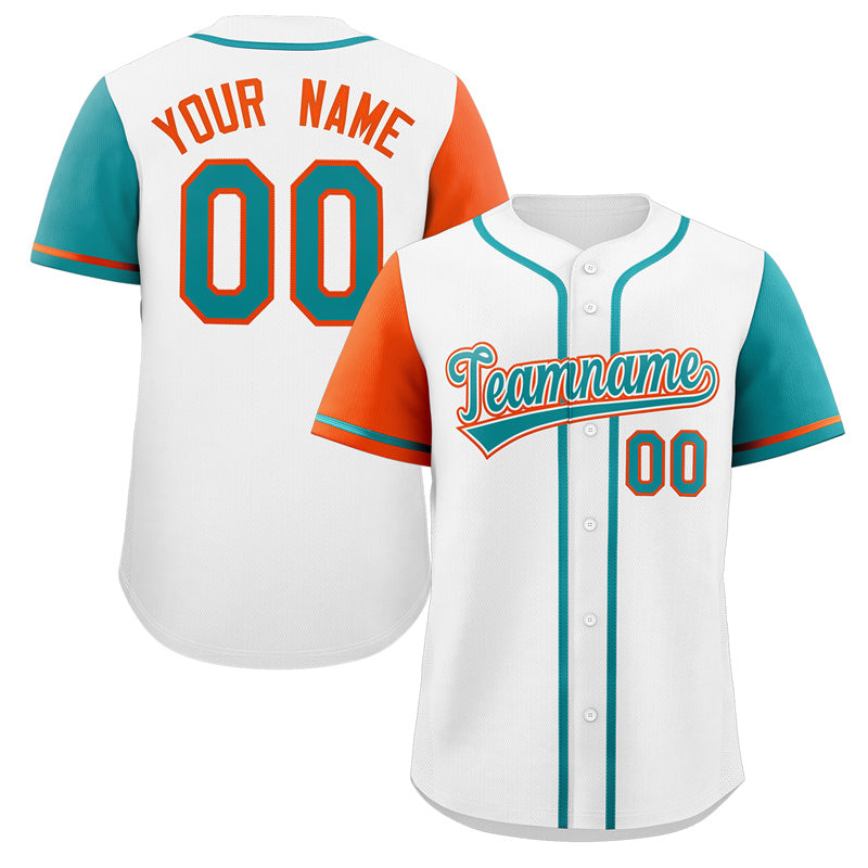 Custom White Aqua-Orange Raglan Sleeves Authentic Baseball Jersey